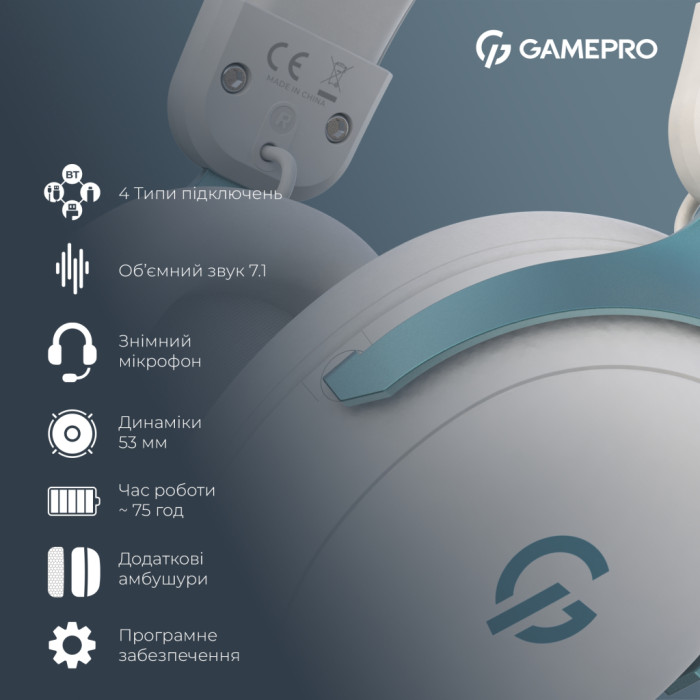 Навушники GamePro Asgard Freya Pro Wireless White/Blue (HSW201WB)