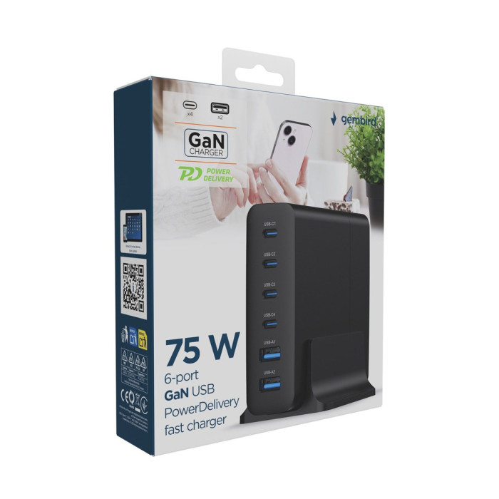 Зарядний пристрій Gembird 4xUSB-C PD25W + 2xUSB QC3.0 18W black (TA-UC-2A4C-PD75-01-BK)