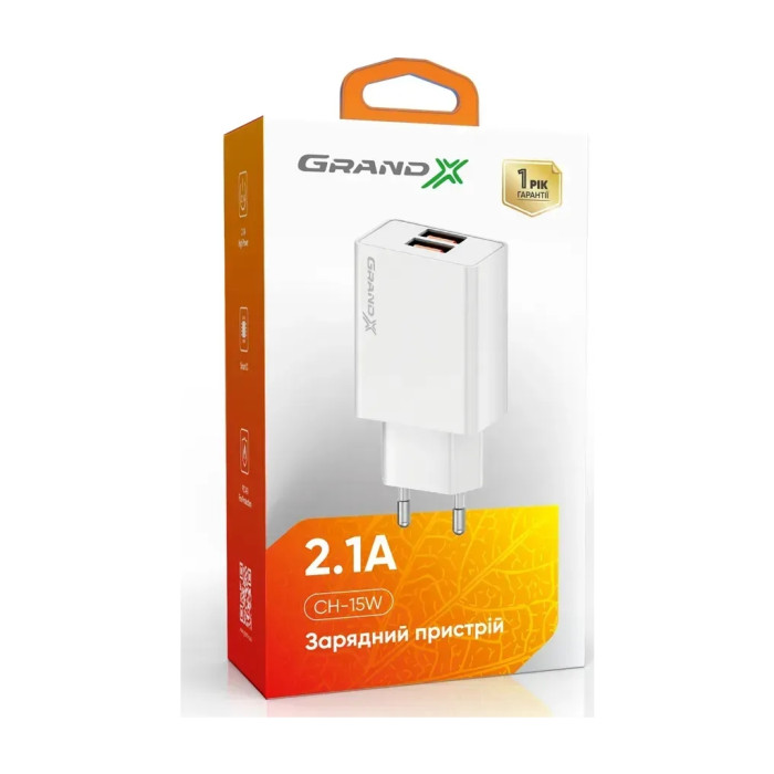 Зарядний пристрій Grand-X CH-15W 2xUSB 10.5W Black (CH-15W)