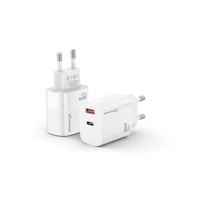 Зарядний пристрій Grand-X GaN 1xUSB-C + 1xUSB QC3.0 36W white (CH-360W)