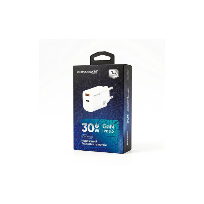 Зарядний пристрій Grand-X GaN 1xUSB-C + 1xUSB QC3.0 36W white (CH-360W)