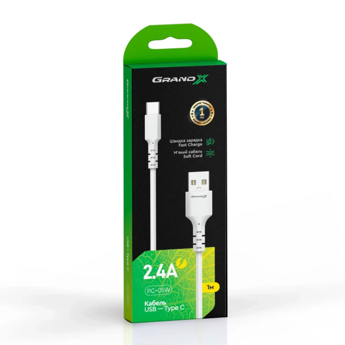 Дата кабель USB 2.0 AM to USB-C 1.0m 3A white Grand-X (PC-05W)