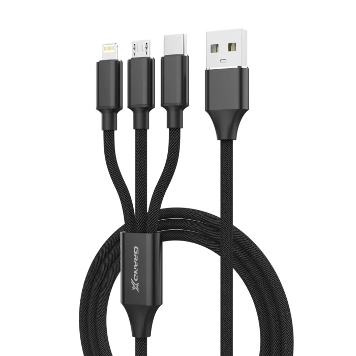 Дата кабель USB 2.0 AM to Lightning + Micro 5P + USB-C 1.0m 2.4-3A black Grand-X (PX-31B)