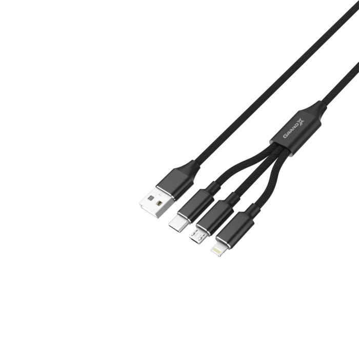 Дата кабель USB 2.0 AM to Lightning + Micro 5P + USB-C 1.0m 2.4-3A black Grand-X (PX-31B)