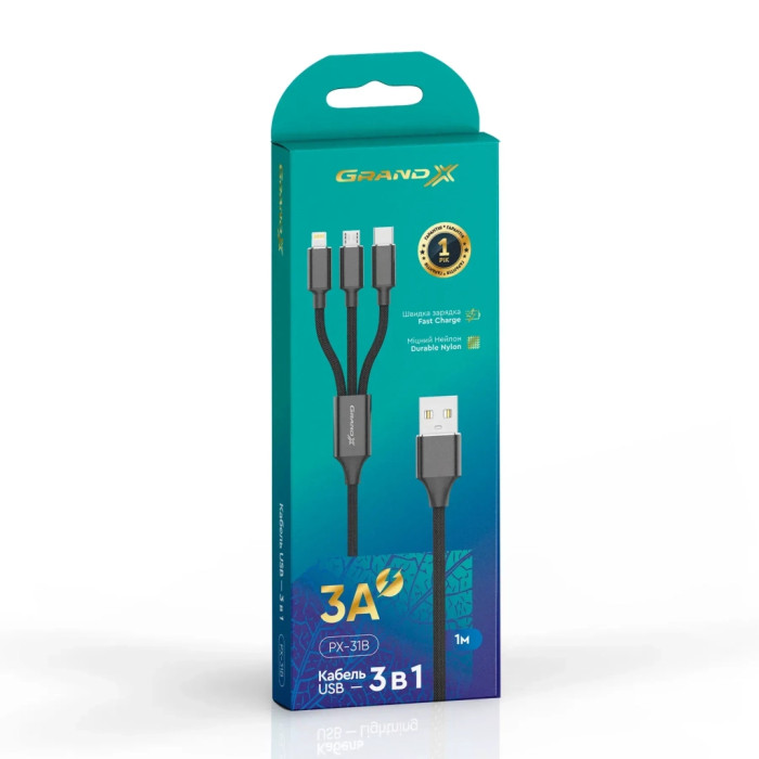 Дата кабель USB 2.0 AM to Lightning + Micro 5P + USB-C 1.0m 2.4-3A black Grand-X (PX-31B)