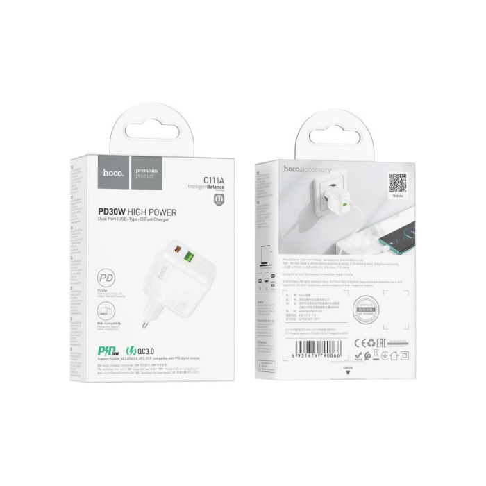 Зарядний пристрій HOCO C111A Lucky 1xUSB-C PD30W + 1xUSB QC3.0 White (6931474790866)