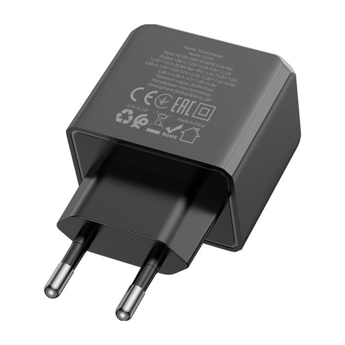 Зарядний пристрій HOCO CS14A Ocean 1xUSB-C PD20W + 1xUSB QC3.0 Black (6942007603898)