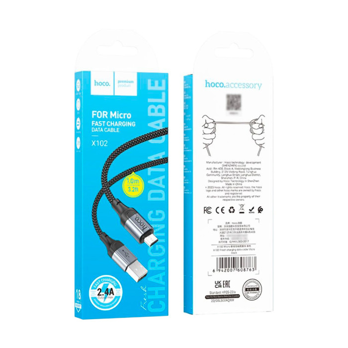 Дата кабель USB 2.0 AM to Micro 5P 1.0m 2.4A nylon X102 black HOCO (6942007608763)
