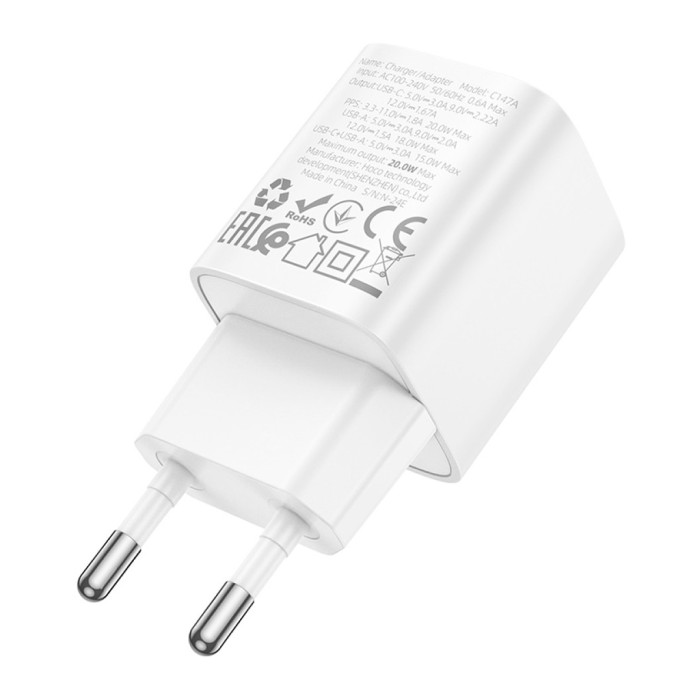 Зарядний пристрій HOCO C147A Charm 1xUSB-C PD20W + 1xUSB QC3.0 White (6942007630276)