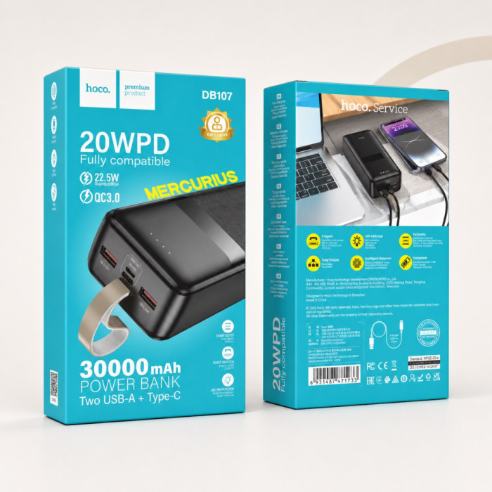 Батарея універсальна HOCO 30000mAh DB107 Mercurius 22.5W, PD/20W, Black (716188)
