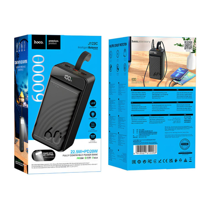 Батарея універсальна HOCO 60000mAh Element PD/20W, QC/22.5W, LED Lamp, Black (J123C / 714736)