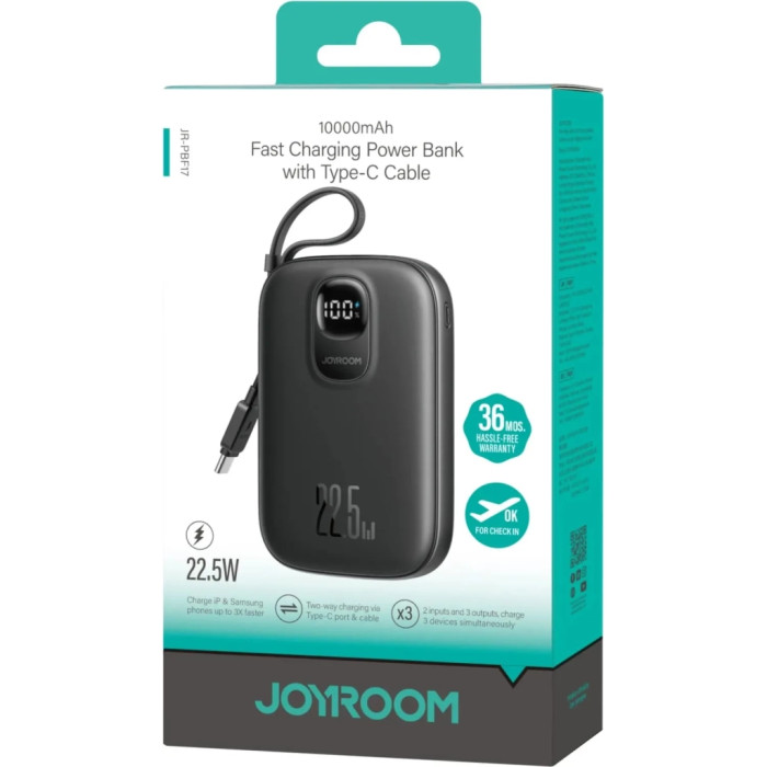 Батарея універсальна JOYROOM 10000mAh, 22.5W, PD, QC, built-in USB-C cable, Black (JR-PBF17)