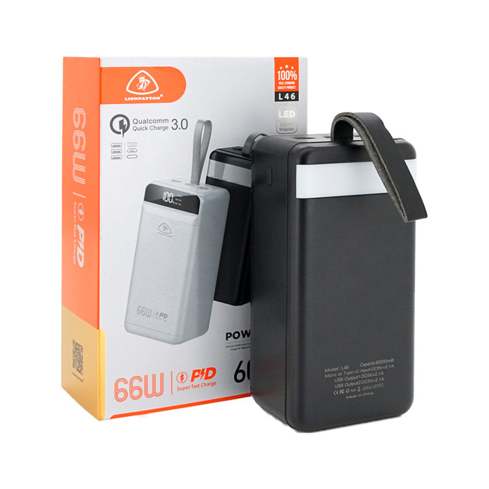 Батарея універсальна LIONPATTON 60000mAh, QC3.0, MicroUSB, Type-C, Lighting, USB, Black (L46 / 34004)