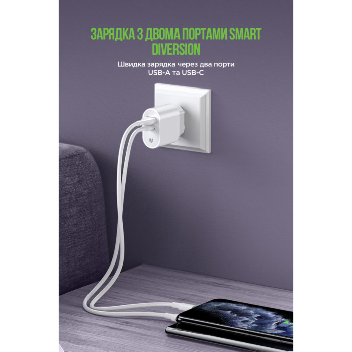 Зарядний пристрій MadeInFuture MFS12 12W 1xUSB-A + 1xUSB-C + cable USB-A to Lightning White (MIF82823)