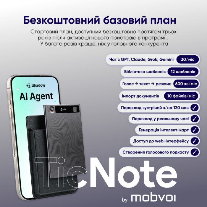 Цифровий диктофон Mobvoi TicNote with IA Shadow 64GB Black (NE-79)