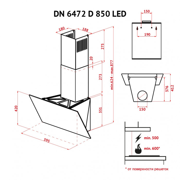Витяжка кухонна Perfelli DN 6472 D 850 BL LED