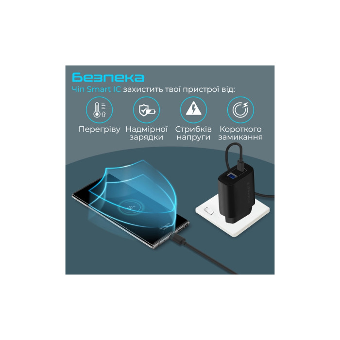 Зарядний пристрій Promate 17W USB-C + USB-A (biplug-2.black)