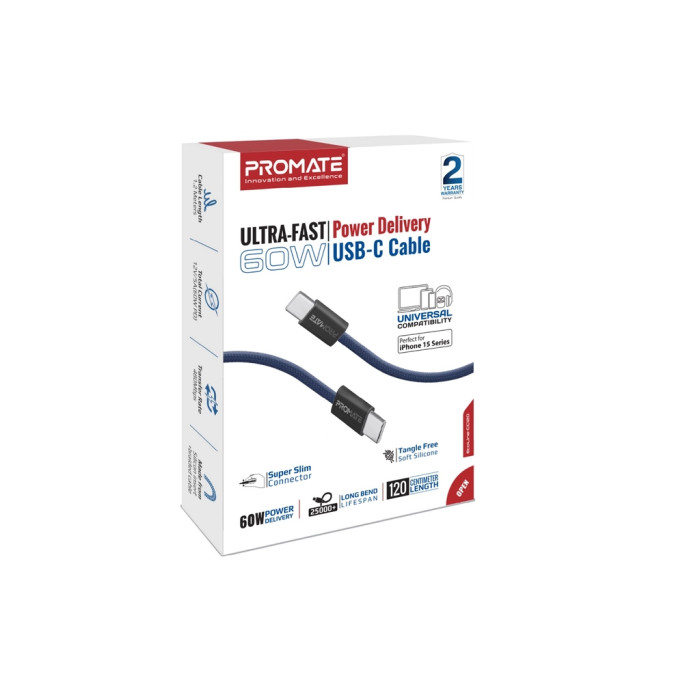 Дата кабель USB-C to USB-C 1.2m Promate (ecoline-cc120.navy)