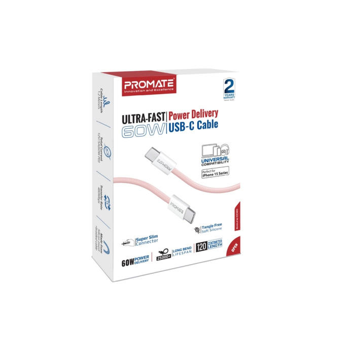 Дата кабель USB-C to USB-C 1.2m Promate (ecoline-cc120.pink)