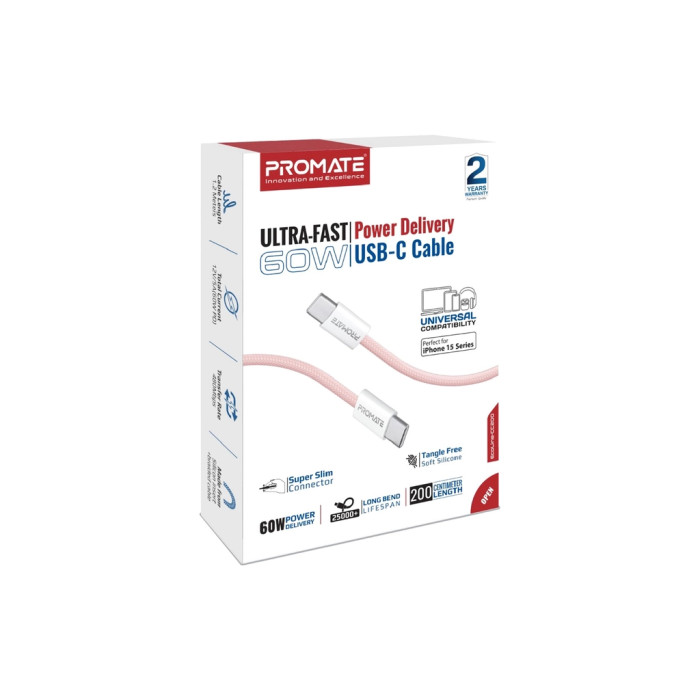 Дата кабель USB-C to USB-C 2.0m Promate (ecoline-cc200.pink)