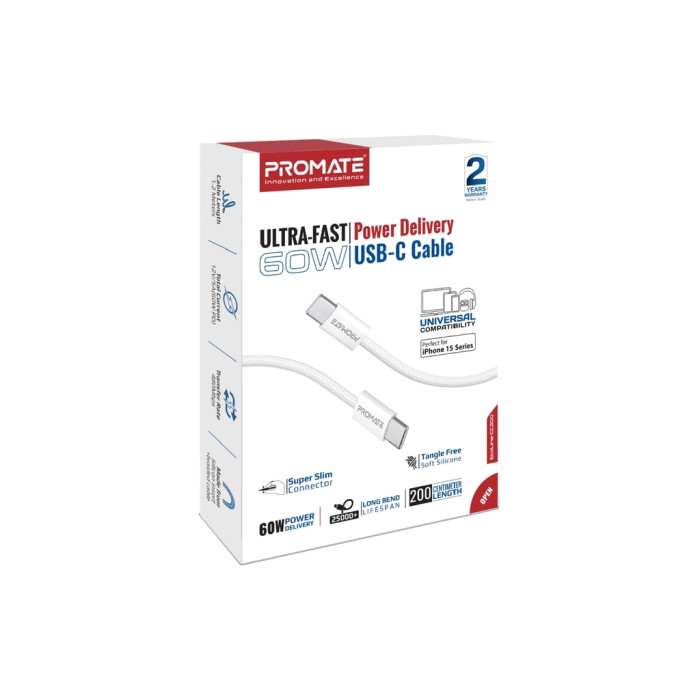 Дата кабель USB-C to USB-C 2.0m 60W PD EcoLine-CC200 white Promate (ecoline-cc200.white)