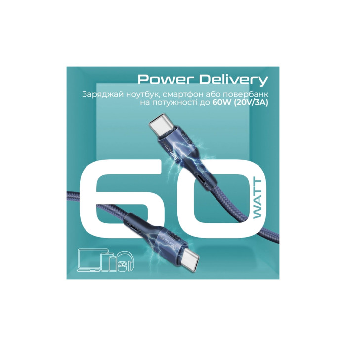 Дата кабель USB-C to USB-C 1.2m 60W PD FletchLink-CC blue Promate (fletchlink-cc.blue)