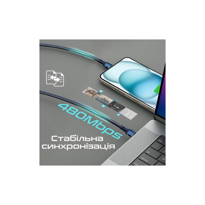 Дата кабель USB-C to USB-C 1.2m 60W PD FletchLink-CC blue Promate (fletchlink-cc.blue)