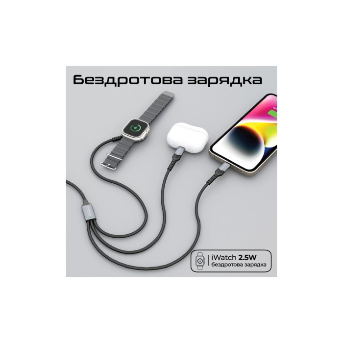 Дата кабель USB-C to Lightning 27W + USB-C 60W + Apple Watch 2.5W 1.5m icharge trio black Promate (icharge-trio.black)
