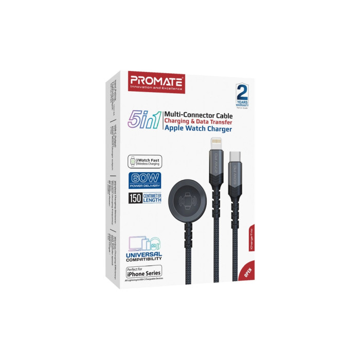 Дата кабель USB-C to Lightning 27W + USB-C 60W + Apple Watch 2.5W 1.5m icharge trio black Promate (icharge-trio.black)