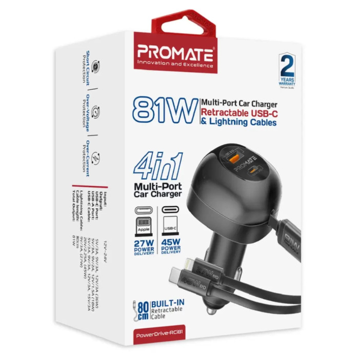 Зарядний пристрій Promate 1xUSB-C PD + 1xUSB + cable USB-C/Lightning max 81W black (powerdrive-rci81)