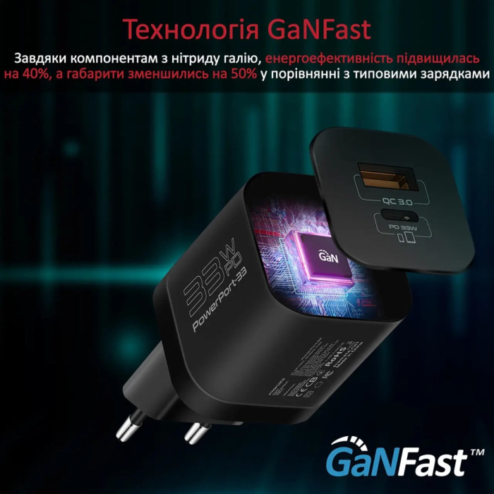 Зарядний пристрій Promate 33W USB-C + USB-A (powerport-33.black)