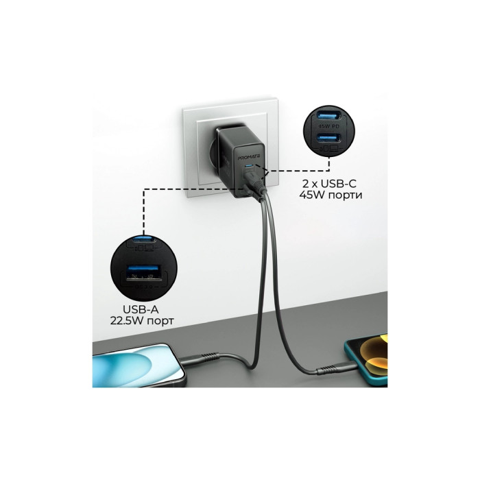 Зарядний пристрій Promate powerport-45 2xUSB-C PD + USB-A QC 45W Black (powerport-45.black)