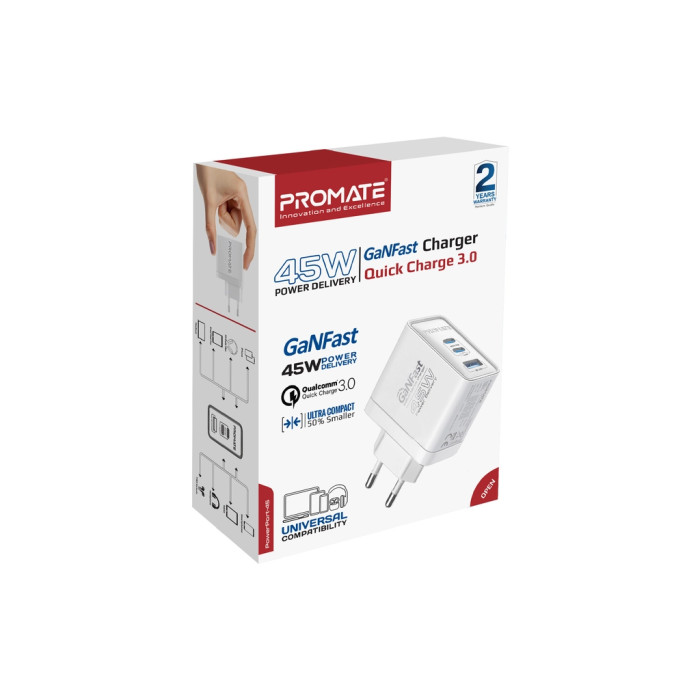 Зарядний пристрій Promate powerport-45 2xUSB-C PD + USB-A QC 45W White (powerport-45.white)