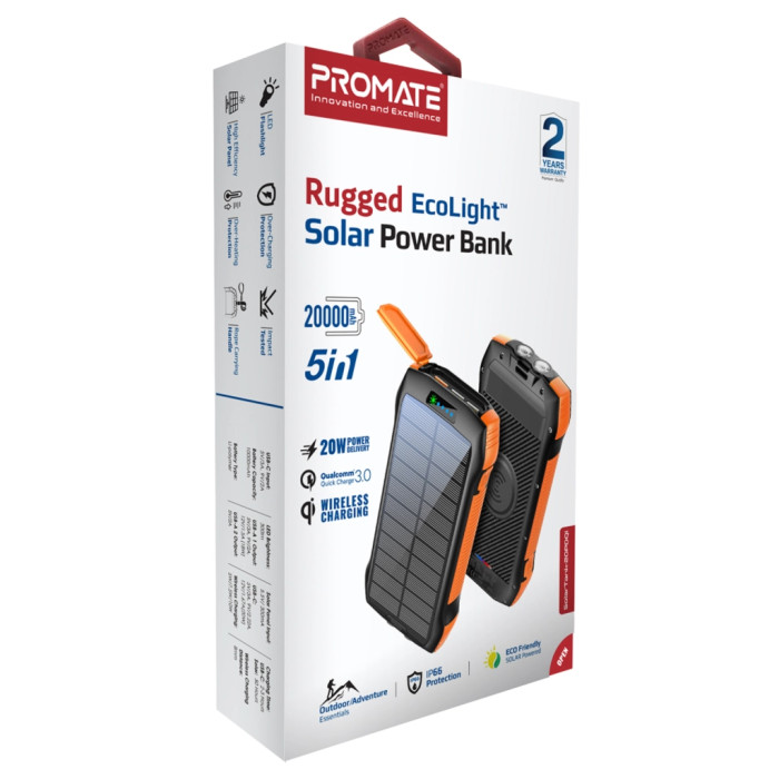Батарея універсальна Promate 20000mAh PD/20W, QC/3/0, Solar, QI, IP65 (solartank-20pdqi.black)