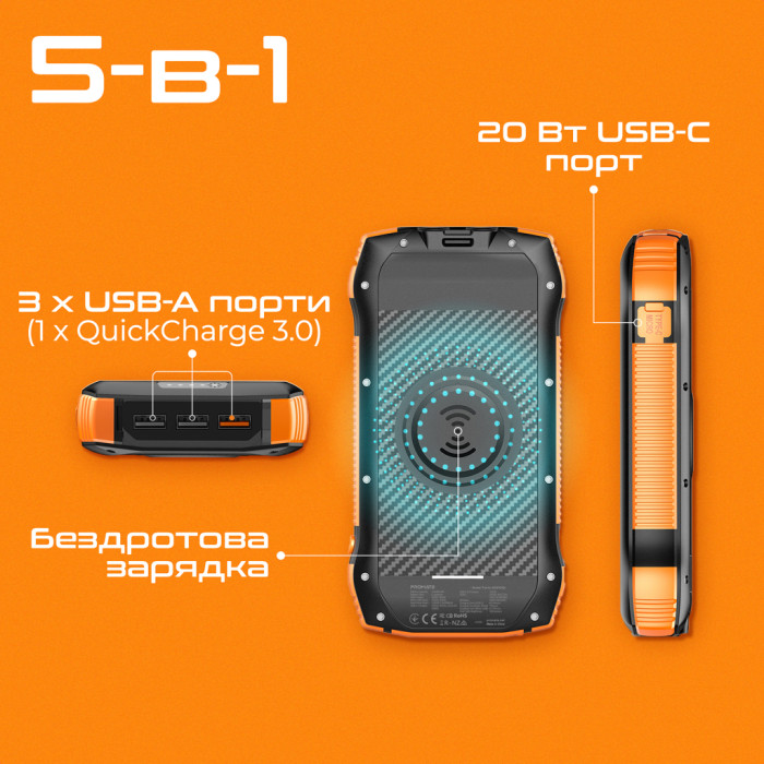 Батарея універсальна Promate 20000mAh PD/20W, QC/3/0, Solar, QI, IP65 (solartank-20pdqi.black)