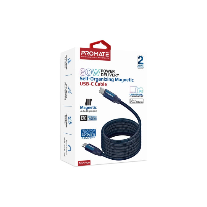 Дата кабель USB-C to USB-C 1.2m Promate (springy.blue)