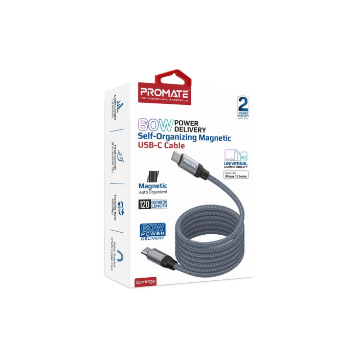 Дата кабель USB-C to USB-C 1.2m Promate (springy.grey)