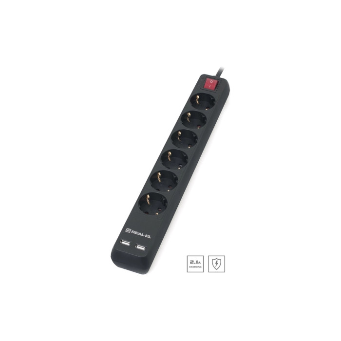 Мережевий фільтр живлення REAL-EL REAL-EL RS-6 PROTECT USB, 5m, black (EL122300018)