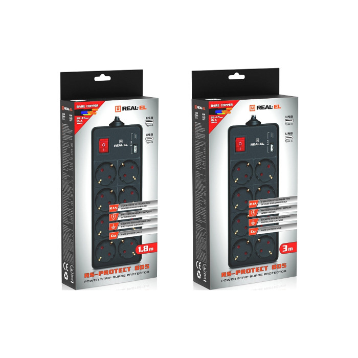Мережевий фільтр живлення REAL-EL RS-PROTECT 805 1.8m, black (EL122300042)