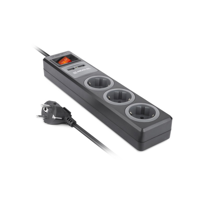 Мережевий подовжувач REAL-EL RS-3 USB CHARGE 1.8m, black (EL122500001)