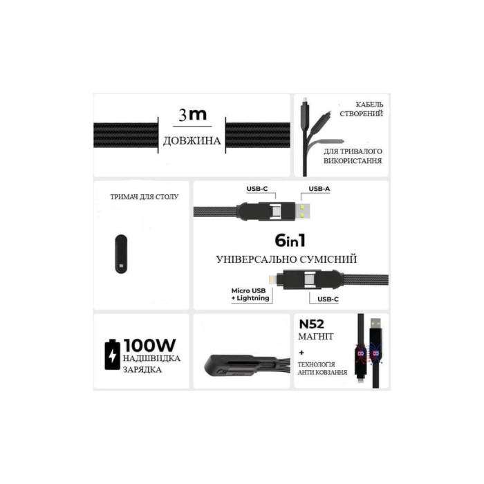 Дата кабель 6in1 inCharge XL 3.0m black Rolling Square (XLL01R)