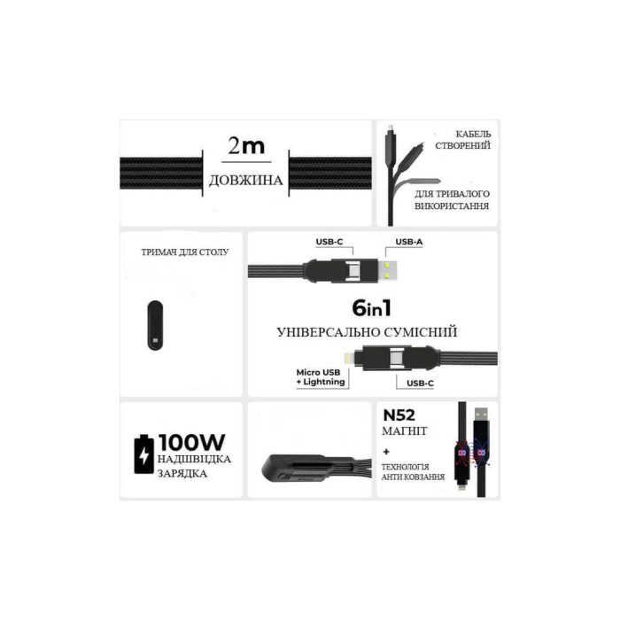 Дата кабель 6in1 inCharge XL 2.0m black Rolling Square (XLM01R)
