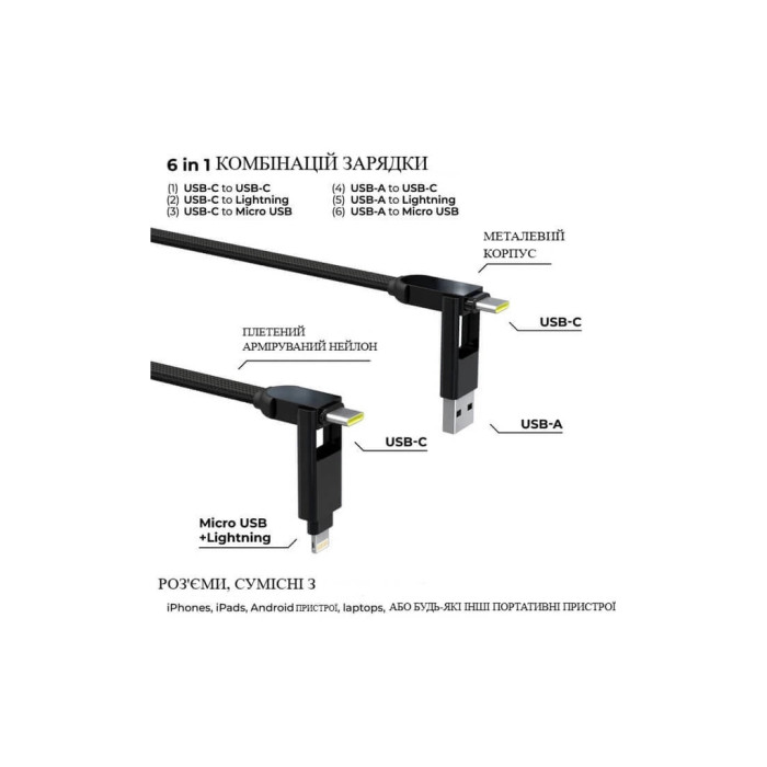 Дата кабель 6in1 inCharge XL 0.3m black Rolling Square (XLS01R)