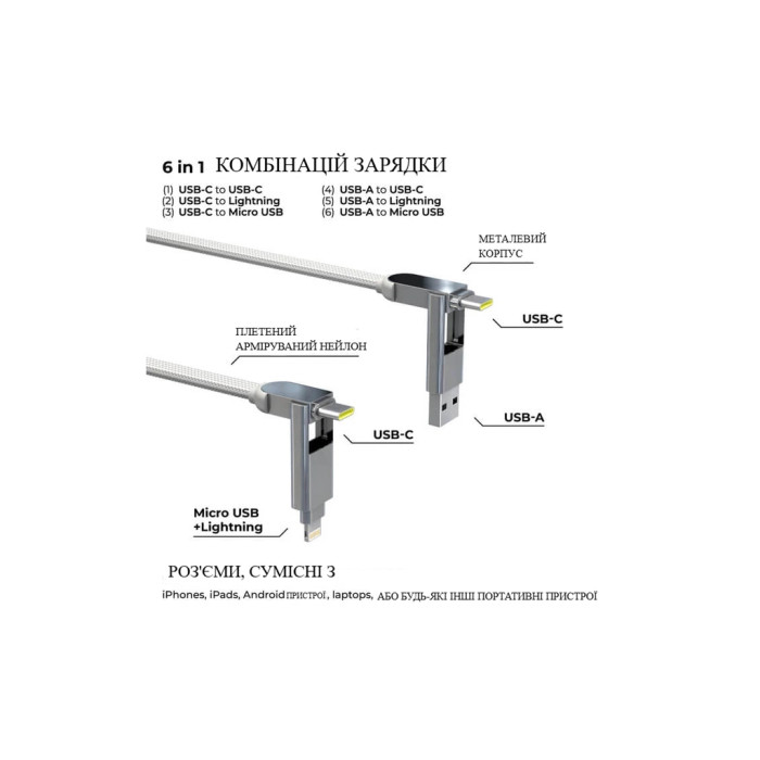 Дата кабель 6in1 inCharge XL 0.3m white Rolling Square (XLS02R)