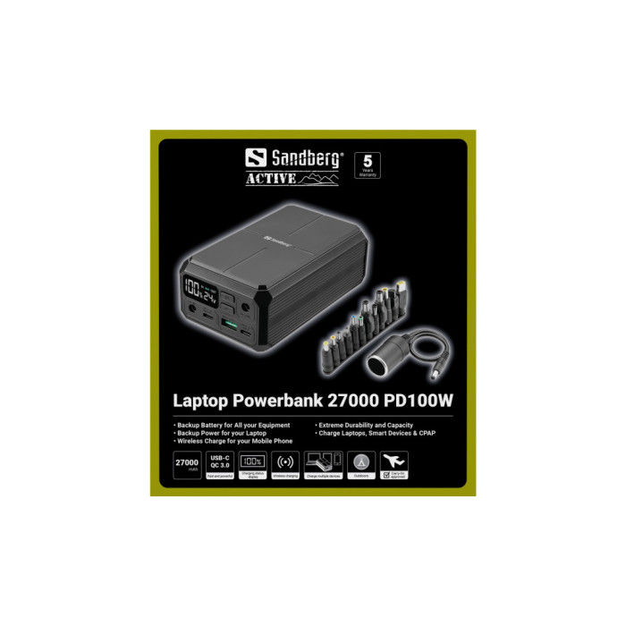 Батарея універсальна Sandberg 27000mAh Laptop DC12-24v 84W, PD/100W, QC/3.0, QI/10W, PowerThrough (421-13)