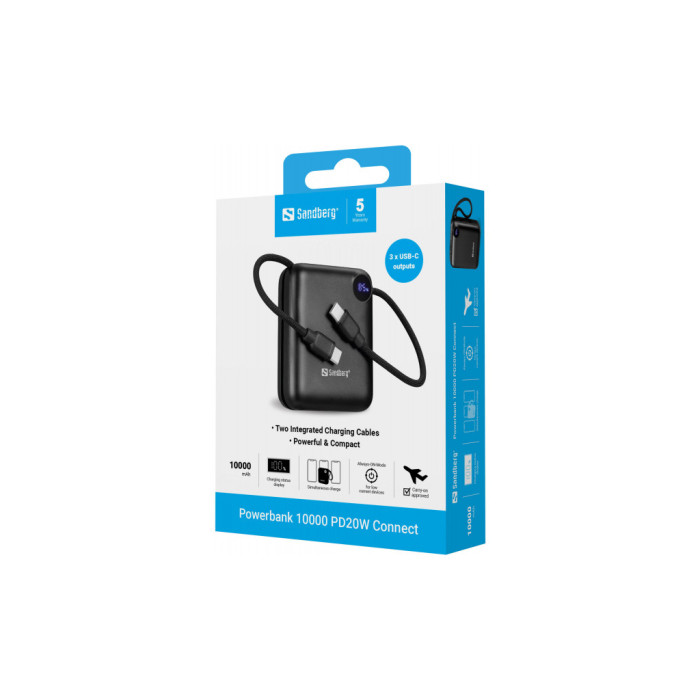 Батарея універсальна Sandberg 10000mAh PD/3.1/20W, QC/3.0, USB-C In/Out, with 2 cables USB-C (421-26)