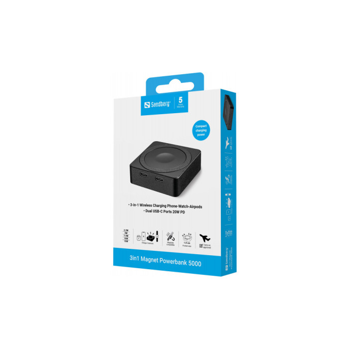 Батарея універсальна Sandberg Magnetic Wireless 5000mAh 20W PD, QI-15W for Apple Watch/Airpods (421-28)