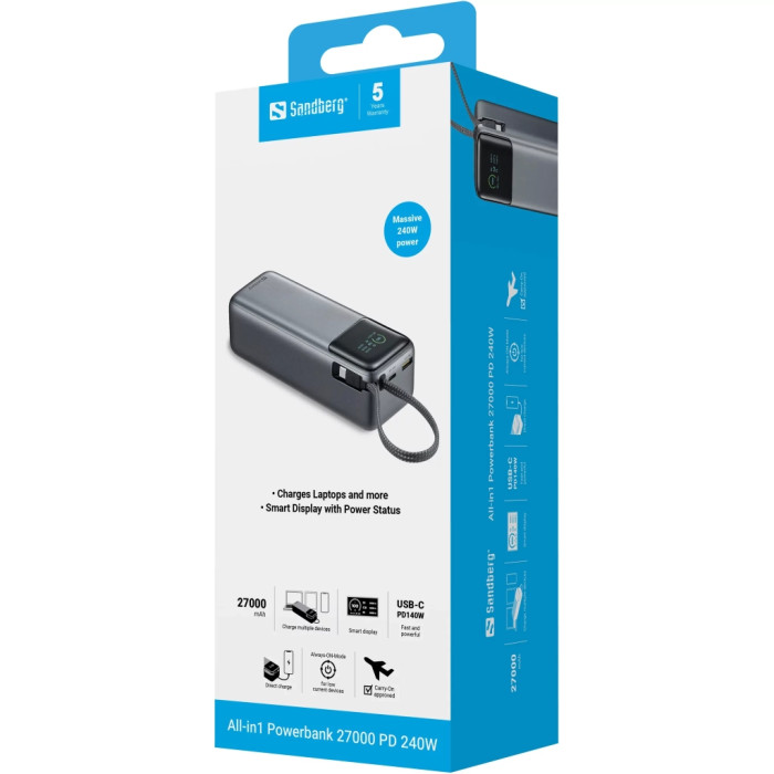 Батарея універсальна Sandberg 27000mAh 140W+100W PD/140W, with built-in Type-C cable 140W (421-31)