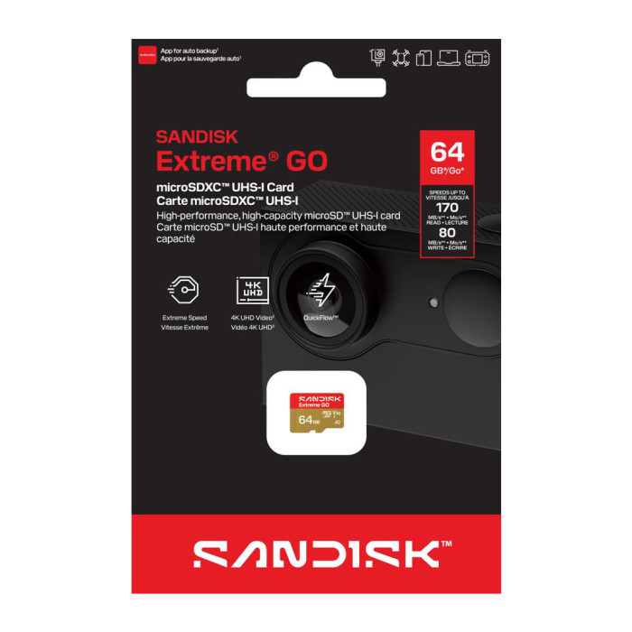 Карта пам'яті SanDisk 64GB microSDXC C10 UHS-I U3 A2 V30 R170/W80MB/s Extreme GO (SDSQXGN-064G-GN6MN)
