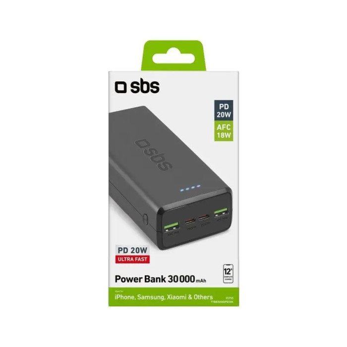 Батарея універсальна SBS 30000mAh 20W PD,QC, 2xUSB-A, 2xUSB-C Black (TTBB30000PD20K)